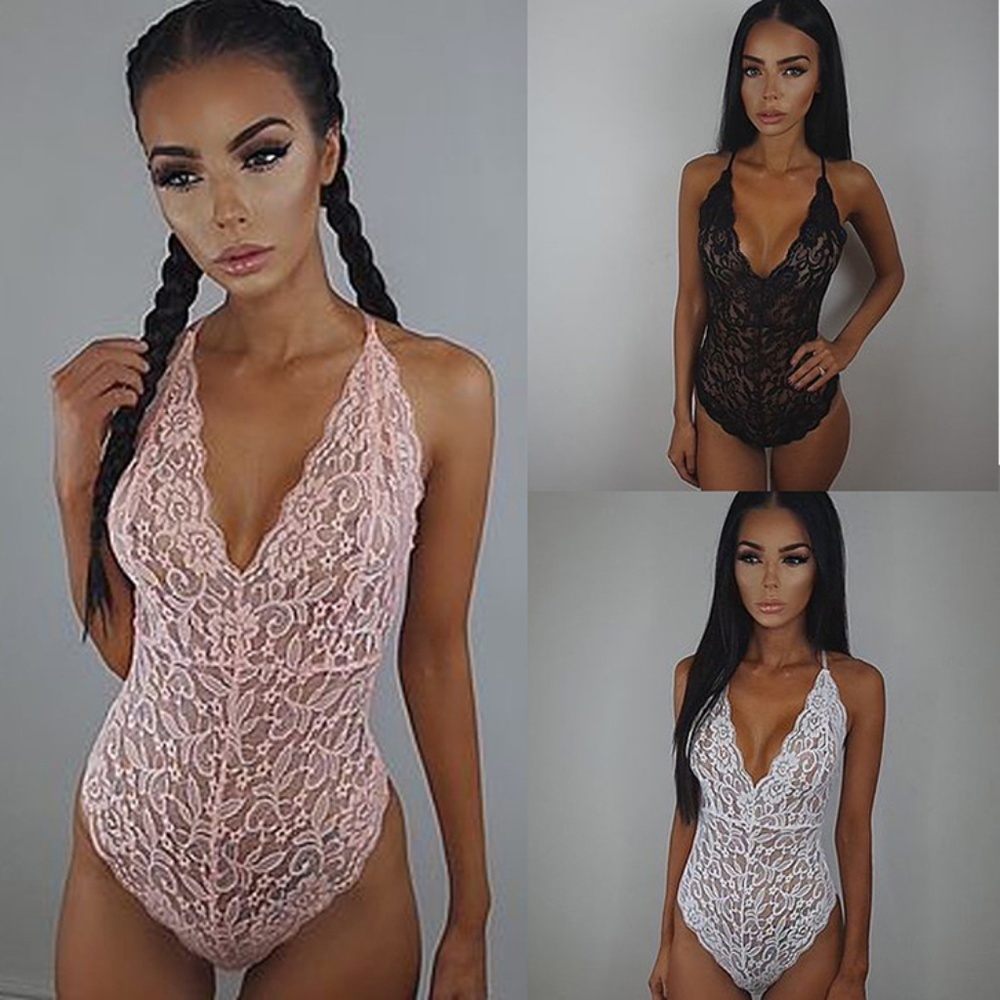 Black Lace Floral Bodysuit Lingerie - Picture 2 of 3